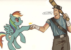 Size: 800x566 | Tagged: safe, artist:ruri444, rainbow dash, human, pegasus, pony, g4, baseball bat, clothes, crossover, duo, female, fist bump, hoofbump, male, mare, scout (tf2), simple background, speech bubble, team fortress 2, text, white background