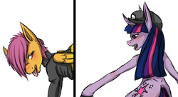 Size: 851x462 | Tagged: safe, artist:ferrettea, scootaloo, twilight sparkle, g4, stalkerloo