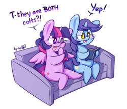 Size: 1536x1315 | Tagged: safe, artist:dsp2003, twilight sparkle, oc, oc:mossy, alicorn, pony, g4, bipedal, blushing, book, chibi, couch, dialogue, female, glasses, mare, open mouth, shocked, simple background, style emulation, transparent background, twilight sparkle (alicorn), yaoi fangirl