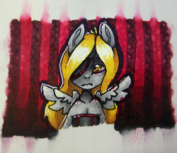Size: 846x733 | Tagged: safe, artist:ferrettea, derpy hooves, anthro, g4, clothes, copic, dress, red, sad, traditional art