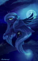 Size: 1000x1600 | Tagged: safe, artist:1deathpony1, princess luna, g4, butt, female, floppy ears, flying, lake, moon, mountain, night, plot, river, s1 luna, scenery, solo