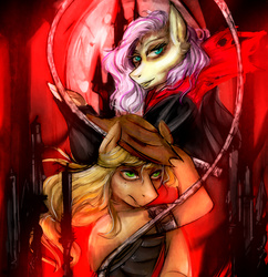 Size: 800x825 | Tagged: safe, artist:melodybell, applejack, fluttershy, g4, blood moon, castle, castlevania, crossover, whip