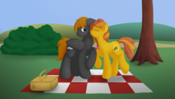 Size: 1600x900 | Tagged: safe, artist:redquoz, oc, oc only, oc:honey ella, oc:romance heart, earth pony, pegasus, pony, blushing, duo, female, kissing, male, pair, picnic, picnic basket, request, romella, straight