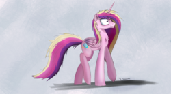 Size: 1201x665 | Tagged: safe, artist:iamnotunicorn, princess cadance, g4, :i, chest fluff, female, messy mane, raised hoof, solo, style emulation, wide eyes