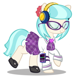 Size: 1200x1265 | Tagged: safe, artist:pixelkitties, coco pommel, earth pony, pony, g4, clothes, eyes closed, female, glasses, headphones, mare, mp3 player, raised hoof, school uniform, shirt, shoes, simple background, skirt, smiling, solo, transparent background