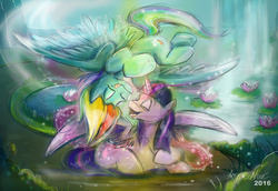 Size: 1024x704 | Tagged: safe, artist:mad munchkin, rainbow dash, twilight sparkle, alicorn, pony, g4, eyes closed, female, flying, mare, pond, prone, tongue out, twilight sparkle (alicorn), upside down, waterfall, waterlily, watermark