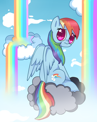 Size: 947x1186 | Tagged: safe, artist:saiadass, rainbow dash, g4, cloud, female, looking at you, looking back, puppy dog eyes, rainbow waterfall, sad, sitting, solo