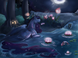 Size: 1280x962 | Tagged: safe, artist:miidniightsuun, princess luna, alicorn, fish, horse, pony, g4, ethereal mane, female, flower, folded wings, horsified, mare, moon, night, prone, river, solo, starry mane, wings