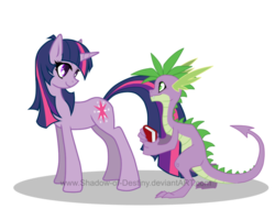 Size: 800x640 | Tagged: safe, artist:shadow-of-destiny, spike, twilight sparkle, g4, book, older, older spike, simple background, smiling, transparent background