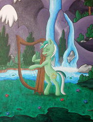 Size: 428x561 | Tagged: safe, artist:deadliestvenom, lyra heartstrings, pony, unicorn, g4, female, harp, musical instrument, solo, traditional art