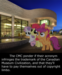 Size: 1182x1424 | Tagged: safe, edit, vector edit, apple bloom, scootaloo, sweetie belle, g4, canadian museum civilization, cutie mark crusaders, fun with acronyms, infringement, irl, photo, ponies in real life, vector