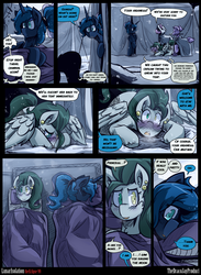 Size: 3000x4091 | Tagged: safe, artist:dracojayproduct, princess luna, oc, oc:willow, crystal pony, pony, comic:lunar isolation, g4, blushing, comic, pillow, sheet, snow, snowfall, spear, tent, weapon