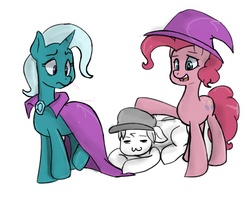 Size: 1218x1024 | Tagged: safe, artist:^:3, pinkie pie, trixie, earth pony, pony, unicorn, g4, :3, accessory swap, cloak, clothes, female, hat, mare, open mouth, simple background, trixie's hat, white background