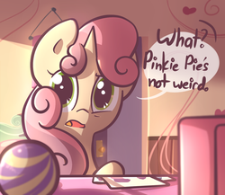 Size: 1150x1000 | Tagged: safe, artist:spikedmauler, sweetie belle, pony, unicorn, g4, blatant lies, computer, confusion, dialogue, female, go ask sweetie belle, room, solo, speech bubble, truth