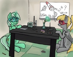 Size: 1218x946 | Tagged: safe, artist:^:3, derpy hooves, lyra heartstrings, earth pony, pony, unicorn, g4, beaker, chemistry, duo, ear fluff, erlenmeyer flask, flask, glowing horn, goggles, horn, magic, open mouth, ponytail, rocket, safety goggles, science, sitting, table, telekinesis, test tube, whiteboard