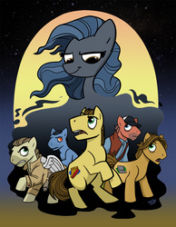 Size: 697x900 | Tagged: safe, artist:toonbaboon, earth pony, pegasus, pony, amara (supernatural), bobby singer, clothes, coat, colored wings, crossover, crowley (supernatural), dean winchester, detailed background, female, hat, male, mare, night, ponified, sam winchester, signature, stallion, stars, supernatural, wings