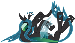 Size: 1024x593 | Tagged: safe, artist:sorunome, queen chrysalis, changeling, changeling queen, g4, annoyed, crown, female, jewelry, on back, regalia, simple background, solo, transparent background, vector