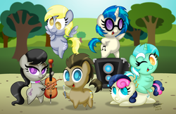 Size: 1600x1035 | Tagged: safe, artist:aleximusprime, bon bon, derpy hooves, dj pon-3, doctor whooves, lyra heartstrings, octavia melody, sweetie drops, time turner, vinyl scratch, earth pony, pegasus, pony, unicorn, g4, adorabon, background six, bass cannon, cello, chibi, cute, derpabetes, doctor who, doctorbetes, female, lyrabetes, male, mare, musical instrument, sonic screwdriver, stallion, tavibetes, vinylbetes