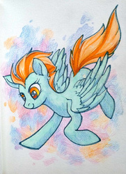 Size: 669x923 | Tagged: safe, artist:dragonataxia, lightning dust, pegasus, pony, g4, abstract background, female, flying, smiling, solo, traditional art