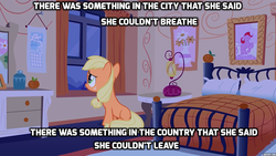 Size: 1280x720 | Tagged: safe, edit, edited screencap, screencap, applejack, g4, the cutie mark chronicles, blank flank, female, filly, filly applejack, flashback, john denver, manehattan, reference, solo, song, song reference, text, wild montana skies, younger