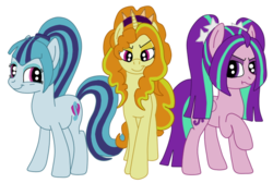 Size: 695x467 | Tagged: safe, artist:squipycheetah, adagio dazzle, aria blaze, sonata dusk, earth pony, pegasus, pony, unicorn, equestria girls, g4, my little pony equestria girls: rainbow rocks, crossed hooves, crossed legs, equestria girls ponified, grumpy, looking at you, looking back, ponified, ponytail, raised hoof, simple background, smiling, smirk, the dazzlings, transparent background, trio