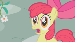 Size: 1280x720 | Tagged: safe, screencap, apple bloom, earth pony, pony, call of the cutie, g4, my little pony: friendship is magic, faic, female, filly, flower, shocked, solo, thousand yard stare