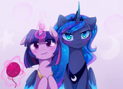 Size: 1960x1424 | Tagged: safe, artist:magnaluna, princess luna, twilight sparkle, alicorn, pony, :3, bedroom eyes, blushing, colored wings, colored wingtips, cute little fangs, fangs, female, floppy ears, hug, lesbian, looking at you, magic, mare, shipping, slit pupils, smiling, telekinesis, twilight sparkle (alicorn), twiluna, winghug, yarn
