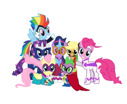 Size: 1200x980 | Tagged: safe, artist:darbypop1, artist:j-j-bases, applejack, fili-second, fluttershy, mistress marevelous, pinkie pie, radiance, rainbow dash, rarity, saddle rager, spike, twilight sparkle, zapp, g4, power ponies (episode), mane seven, mane six, masked matter-horn costume, power ponies, simple background, transparent background