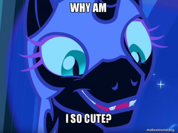 Size: 800x598 | Tagged: safe, nightmare moon, alicorn, pony, g4, my little pony: friendship is magic, the cutie re-mark, alternate timeline, bronybait, cute, cute little fangs, exploitable meme, faic, fangs, female, image macro, meme, moon moon, moonabetes, moonie snacks, nightmare takeover timeline, open mouth, smiling, solo, talking to viewer