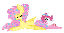 Size: 2348x1213 | Tagged: safe, artist:kaatseye, fluttershy, oc, oc:firefly, g4, alternate hairstyle, ear fluff, eyes closed, floral head wreath, flower, flower in hair, mother and daughter, offspring, parent:bulk biceps, parent:fluttershy, parents:flutterbulk, prone, simple background, transparent background