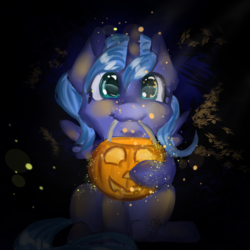 Size: 2000x2000 | Tagged: safe, artist:drauguzislt, princess luna, g4, bucket, female, filly, high res, jack-o-lantern, looking at you, mouth hold, pumpkin bucket, sitting, solo, woona