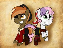 Size: 1024x768 | Tagged: safe, artist:zingydoodle, button mash, sweetie belle, earth pony, unicorn, g4, abstract background, clothes, colt, duo, duo male and female, eyepatch, female, filly, foal, grin, horn, male, pirate, ship:sweetiemash, shipping, smiling, straight