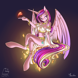 Size: 900x900 | Tagged: safe, artist:moenkin, princess cadance, alicorn, anthro, unguligrade anthro, g4, clothes, female, heart, looking at you, smiling, solo