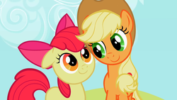 Size: 1280x720 | Tagged: safe, screencap, apple bloom, applejack, earth pony, pony, g4, sisterhooves social, duo, sisters