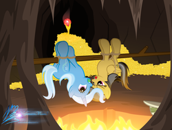 Size: 4000x3000 | Tagged: safe, artist:nightmaremoons, daring do, trixie, pony, unicorn, g4, apple, apple gag, bondage, cave, cavern, commission, cooked alive, cooking, female, fire, food, gag, gold, hat, help us, literal spitroast, mare, peril, person as food, pith helmet, rope, show accurate, tied up, treasure, upside down