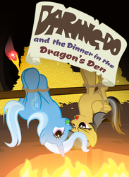 Size: 2200x3000 | Tagged: safe, artist:nightmaremoons, daring do, trixie, pony, unicorn, g4, apple, apple gag, bondage, book, book cover, commission, female, food, gag, help us, high res, literal spitroast, mare, peril, person as food, rope, show accurate, tied up