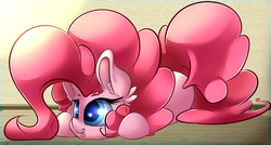 Size: 3000x1607 | Tagged: safe, artist:madacon, pinkie pie, earth pony, pony, g4, cute, diapinkes, ear fluff, female, fluffy mane, mare, ponk, prone, solo, tongue out