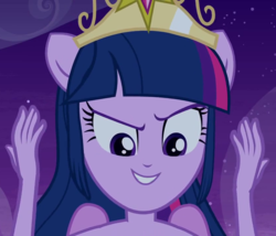 Size: 840x720 | Tagged: safe, screencap, twilight sparkle, human, equestria girls, g4, >:), >:d, cropped, element of magic, evil grin, female, glare, grin, ponied up, pure unfiltered evil, raised eyebrow, smirk, solo, twilight sparkle (alicorn)