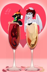 Size: 837x1280 | Tagged: safe, artist:obakawaii, oc, oc only, oc:cloudburst, oc:rainbow heart, pony, alcohol, champagne, cup of pony, gay, male, micro, red wine, valentine's day, wine