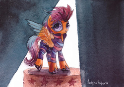 Size: 1024x726 | Tagged: safe, artist:satynapaper, scootaloo, g4, the show stoppers, female, show stopper outfits, solo, traditional art, watercolor painting