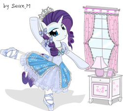 Size: 580x522 | Tagged: safe, artist:avchonline, rarity, unicorn, semi-anthro, g4, active stretch, ballerina, canterlot royal ballet academy, clothes, dancing, dress, female, flexible, frilly dress, lamp, looking at you, mare, puffy sleeves, raririna, slippers, solo, tiara, tutu, window