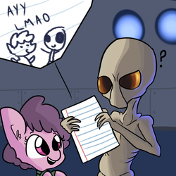 Size: 792x792 | Tagged: safe, artist:tjpones edits, edit, oc, alien, ayy lmao, confused, crossover, drawing, open mouth, paper, question mark, raised eyebrow, sectoid, smiling, stick figure, x-com