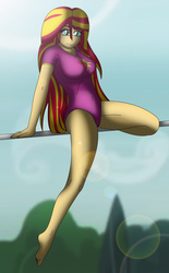 Size: 1867x3020 | Tagged: safe, artist:tyron91, sunset shimmer, equestria girls, g4, breasts, busty sunset shimmer, eyebrow wiggle, female, fitness, gymnastics, lens flare, leotard, looking at you, solo, tightrope