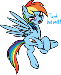 Size: 679x833 | Tagged: safe, artist:stoic5, color edit, edit, rainbow dash, pegasus, pony, g4, butt, butt envy, colored, dialogue, dock, embarrassed, female, flying, glare, looking at you, mare, open mouth, plot, rainbutt dash, simple background, solo, spread wings, underhoof, white background