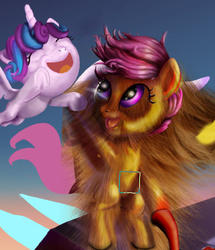 Size: 536x624 | Tagged: safe, princess flurry heart, scootaloo, g4, season 6, chewbaccaloo, creepy, cursed image, error, glitch, jesus christ how horrifying, joke, nightmare fuel, not salmon, surreal, wat, wip, wtf