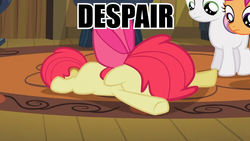 Size: 960x540 | Tagged: safe, edit, edited screencap, screencap, apple bloom, scootaloo, sweetie belle, earth pony, pony, family appreciation day, g4, caption, cutie mark crusaders, despair, female, filly, image macro, meme, text