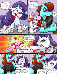 Size: 1261x1634 | Tagged: safe, artist:ruckforderungreich, rarity, sweetie belle, oc, oc:beach comber, earth pony, pony, g4, 80's fashion, 80s, comic, mannequin
