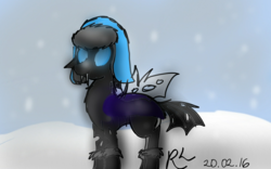 Size: 1280x800 | Tagged: safe, artist:ravenhoof, changeling, boots, cute, fur hat, hat, smiling, snow, snowfall, solo, ushanka
