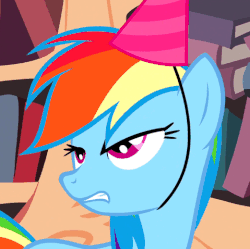 Size: 479x478 | Tagged: safe, screencap, rainbow dash, pony, daring don't, g4, angry, animated, female, hat, national random holiday party day, party hat