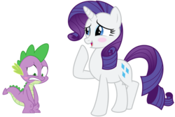 Size: 8200x5500 | Tagged: safe, artist:missbeigepony, artist:porygon2z, edit, rarity, spike, dragon, pony, unicorn, g4, absurd resolution, blushing, covering, duo, duo male and female, embarrassed, female, makeup, male, mare, naked rarity, naked spike, simple background, transparent background, vector, we don't normally wear clothes